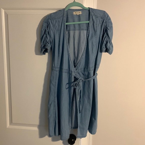 madewell denim wrap dress Madewell Denim Puff Sleeve Wrap Cotton Mini Dress Size XXS Style K6054